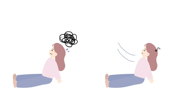 何もしない時間に焦る女性とゆっくりくつろぐ女性のイラスト