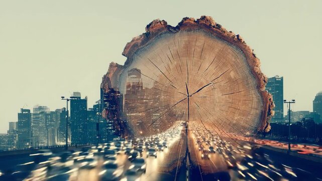 City through Nature's Core: Merging urban life with the raw beauty of nature, this artwork depicts the bustling city as seen through the cross-section of a massive tree trunk.