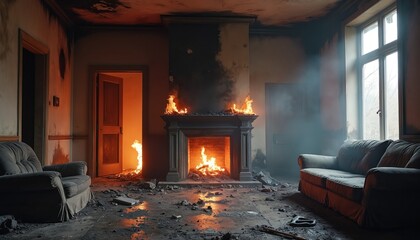 Fototapeta premium Interior room damaged by fire. Flames erupt from fireplace, smoke fills air. Furniture, debris scattered on floor. Home needs repair after disaster, destruction evident.