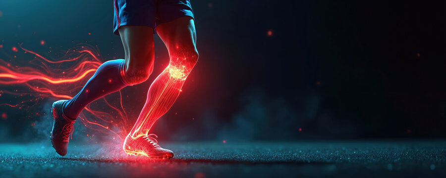 Soccer player leg injury visualized with glowing red pain signals on knee and muscle. Athlete runs on dark field, feeling acute ache. Represents sport trauma, medical issue.