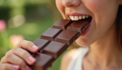 Young woman bites large dark chocolate bar outside. Girl enjoys sweet cocoa dessert in summer. Happy person eats candy, feeling pleasure. Healthy lifestyle choice concept.