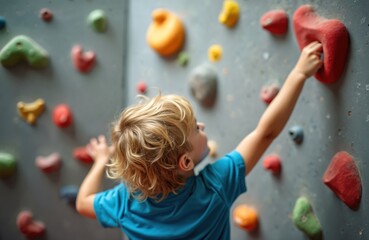 Fototapeta premium Young boy with blond hair climbs indoors on artificial rock wall. Child uses colorful hand holds, trains physical skills, develops grip strength. He reaches up for next foothold.