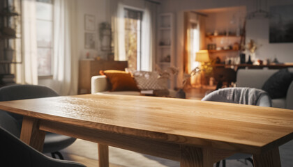 Empty wooden dining table in a cozy sunlit living room