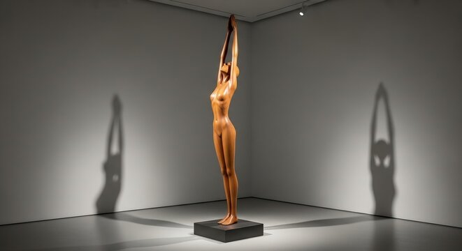Wooden sculpture of a nude woman with arms raised displayed on a square base in a gray corner casting distinct shadows