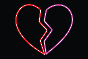 A neon broken heart glowing with red and pink light against a black background