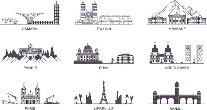 Landmarks Line Art Collection Featuring Asmara Tallinn Mbabane Addis Ababa Cities Vector