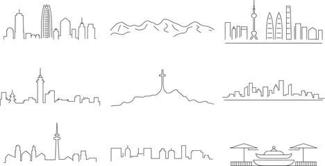Obraz premium Set of city skylines black contour on transparent background vector illustration