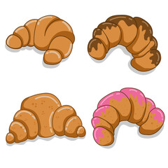 Croissants set, some with chocolate and strawberry toppings designed in flat cartoon style, vector illustration. suitable for culinary menus in cafes, restaurants or bakeries.