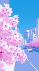 Fototapeta premium Colorful city street lined with pink blossoms, vibrant spring scene, modern buildings in the background, perfect for creative projects.