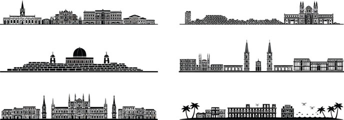 Silhouette of underwater cities famous places buildings landmarks vector illustration