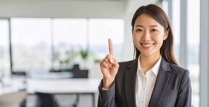 ビジネス女性が指で注目を促す