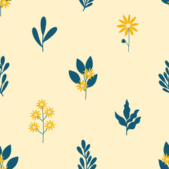Hand Drawn Seamless Floral Pattern with Leaves on Soft Yellow Background