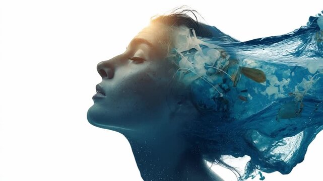 Embracing Thoughts: A woman's profile is interwoven with surreal aquatic elements, symbolizing the depths of introspection and the fluidity of thought.