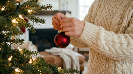 Person In White Knitted Sweater Hanging Red Bauble On Christmas Tree