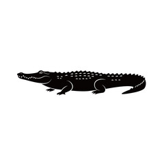 Black silhouette of a powerful crocodile or alligator with detailed scales and sharp teeth, symbolizing danger, wilderness, reptile wildlife, and predatory nature.