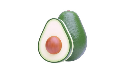 Avocado halves and whole fruit on white background