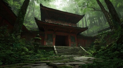 Ancient red temple entrance in overgrown forest with stone lantern.