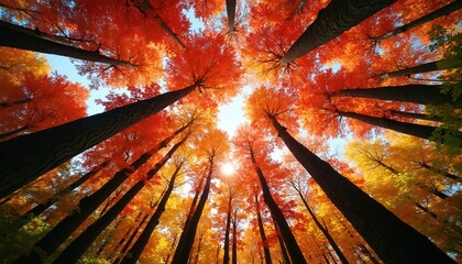 Looking up through tall trees with vibrant autumn leaves. Sunlight shines through orange yellow and red foliage creating a colorful forest canopy. Sky visible through branches.