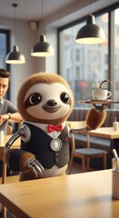 Naklejka premium Robotic sloth server presents a beverage on a tray inside a brightly lit cafe