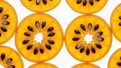 Translucent citrus fruit slices with contrasting seeds create an intriguing geometric pattern