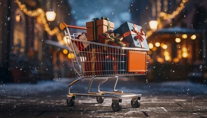 A full shopping cart overflowing with gifts and presents on a snowy street at night, illuminated by festive lights
