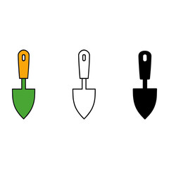 Set of three trowel icons colored, outline, and solid black
A collection of three different styles of a small hand trowel icon: one colored (green blade, orange handle), one simple outline.
