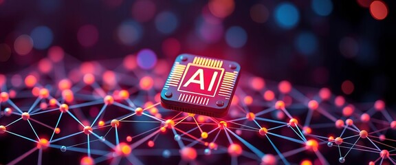 Abstract network nodes merging with AI chip icon,  illustration,  processing