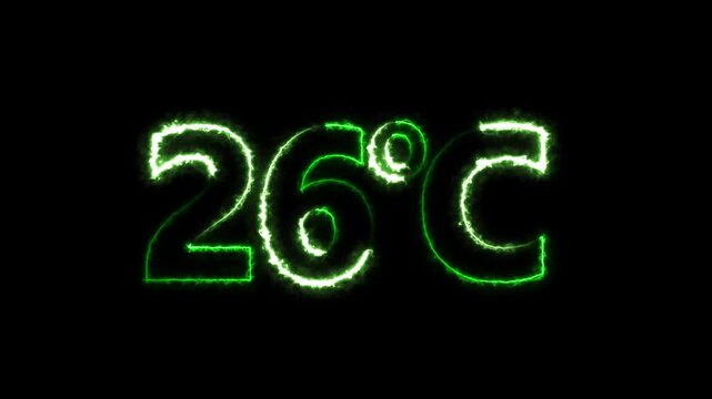 Neon 26&deg;C temperature display showing on dark background. Weather temperature displays by degree, climate change, Scientific designs text animation.