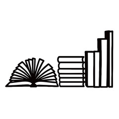 Line art illustration of a stack of hardcover books with an open book on top, symbolizing education, knowledge, study, literacy, and academic research