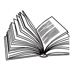 Line art illustration of a stack of hardcover books with an open book on top, symbolizing education, knowledge, study, literacy, and academic research