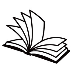 Line art illustration of a stack of hardcover books with an open book on top, symbolizing education, knowledge, study, literacy, and academic research