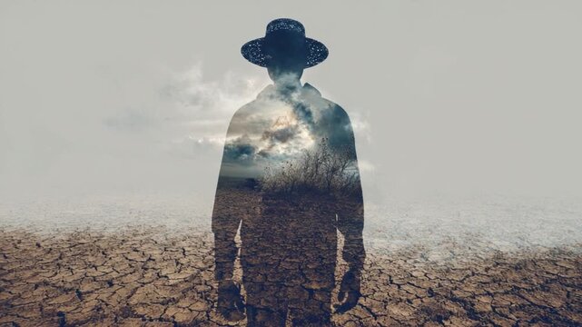 Solitary Figure in Barren Landscape: A silhouette of a person wearing a hat, standing amidst a cracked and desolate landscape under a cloudy sky, representing themes of isolation and perseverance.
