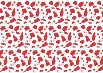 シンプルなお正月の縁起物のシルエットのシームレスパターン素材（赤）