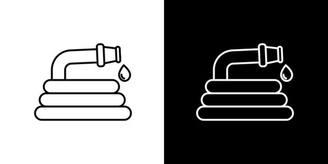 Minimalist outline icon  illustration depicting a flexible garden hose, coiled, with a water drop, representing household outdoor tasks or water supply