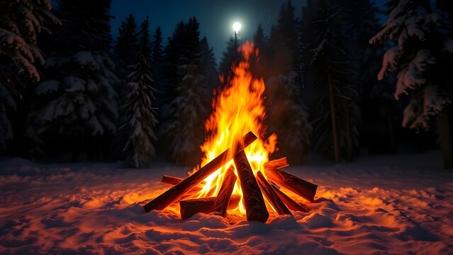 a bonfire during the night in a winter forest