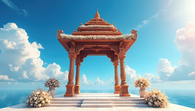 Ornate Hindu wedding mandap structure rests by calm ocean under blue sky with clouds. Decorated wooden archway with floral arrangements awaits sacred marriage ceremony. Space for text above is clear.