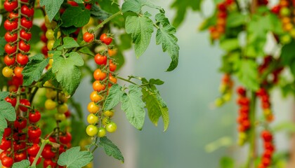 fresh organic cherry tomatoes growing on the vine in a greenhouse showing stages of ripening from green to red
