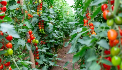 fresh organic cherry tomatoes growing on vines in a greenhouse vegetable garden with rows of plants