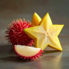 Exotic Fruits: Starfruit and Rambutan Together on Table