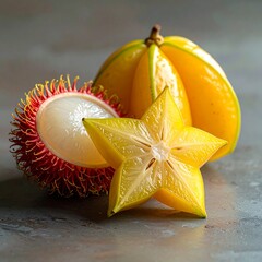 Exotic Fruits: Rambutan, Starfruit, and Dragon Fruit Together