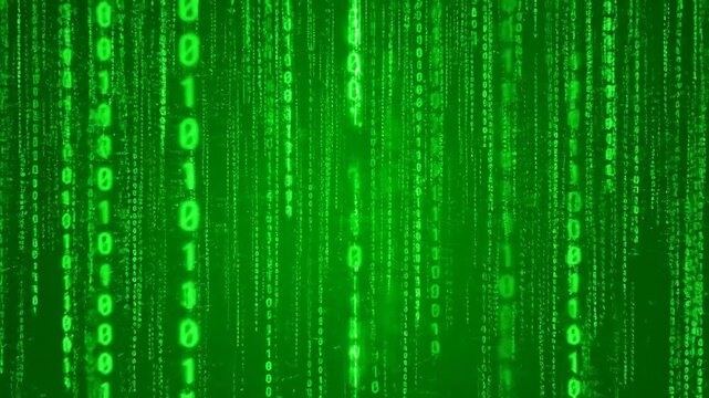 Green Binary Rain - Digital rain with falling green binary code numbers in a dark environment, representing technology, coding or matrix concept.