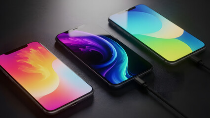 Three smartphones with vibrant abstract wavy wallpapers charging on a dark background, modern mobile device mockup with colorful screen designs and technology theme.