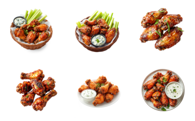 A variety of chicken wings in different styles and sauces.