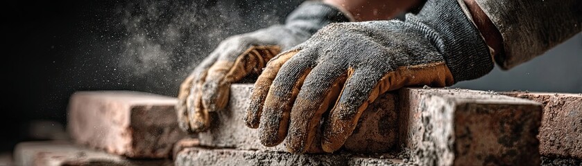 A person wearing gloves lays bricks, surrounded by dust, showcasing the craftsmanship of masonry work with focus on hands and materials.