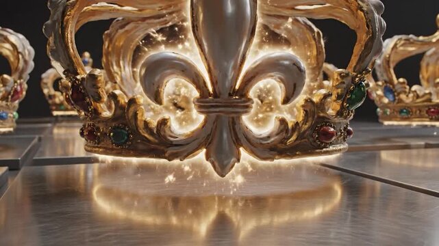 Luxurious gold crowns displayed on metallic surface