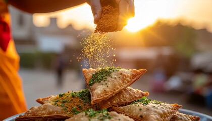 Hand sprinkles aromatic spices over freshly fried golden savory pastries, bathed in warm golden hour sunset light, capturing authentic street food culture