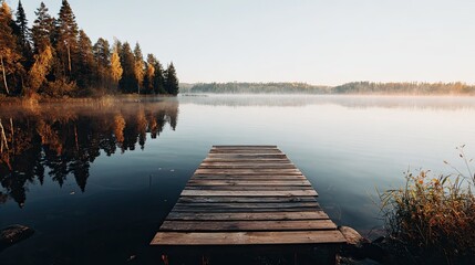 Wooden pier extends into calm lake with autumn trees.