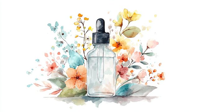 A watercolor illustration of a dropper bottle surrounded by colorful flowers and leaves, conveying a fresh, natural aesthetic.