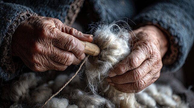 An elderly person's hands skillfully work with soft, fluffy fibers, showcasing traditional craftsmanship and the art of wool processing.