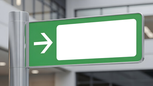 Modern green directional sign with an arrow and blank white rectangular space for text, wayfinding signage template for indoor spaces.